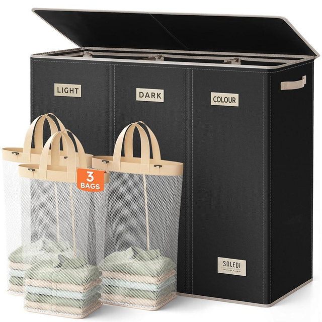 SOLEDI 200L 3-Section Laundry Hamper with Lid, Extra Large Dirty Clothes Basket with Sturdy Handles for Laundry Room & Bedroom - Durable Organizer for Sorting Laundry