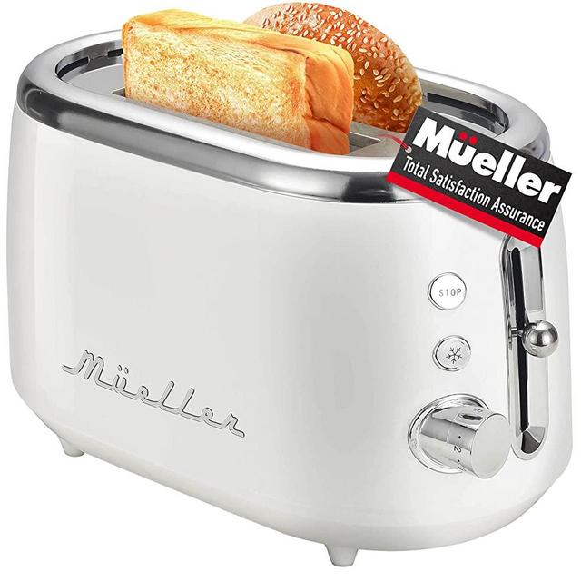 Mueller Retro Toaster 2 Slice with Extra Wide Slots, Stainless Steel Features, 7 Browning Levels and 3 Functions: Reheat, Defrost & Cancel Removable Crumb Tray, Under Base Cord Storage, White