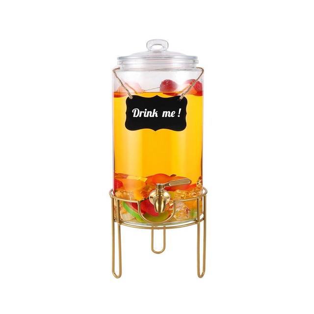 Drink Dispensers for Parties 1 Gallon, Bevarage Dispenser with Stand,Glass Drink Dispenser With Stainless Steel Spigot + Marker & Chalkboard, Ideal for Lemonade,Juice, Tea, and Party Drinks
