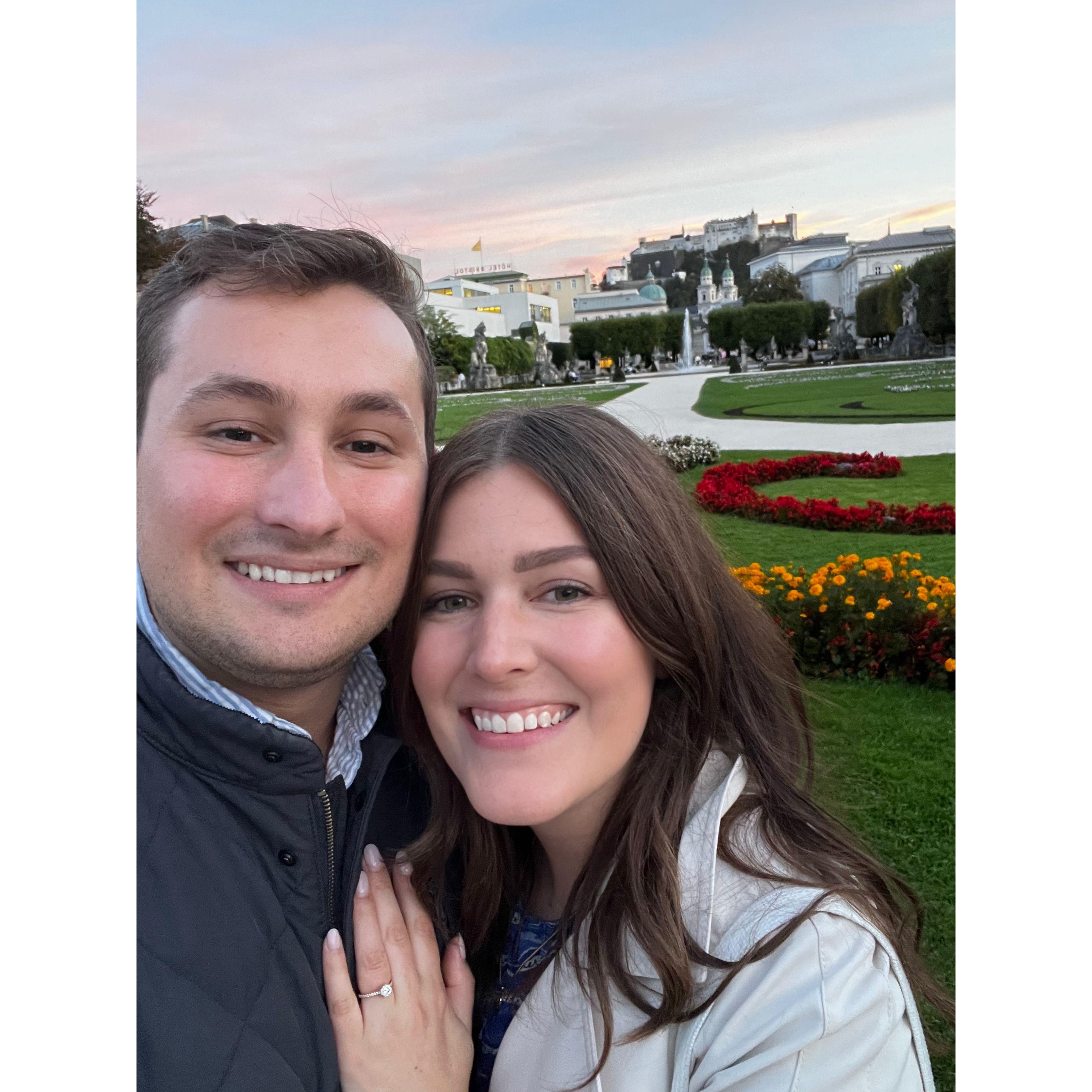 Steve proposed in the Mirabellgarten in Salzburg, Austria