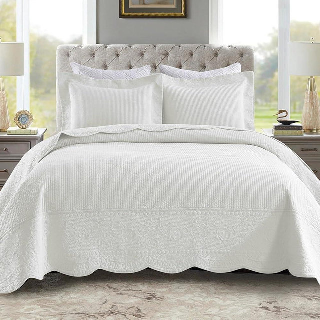 MarCielo 3-Piece 100% Cotton Oversized Bedspread Lightweight Quilt Coverlet Embroidery Farmhouse Bedding Set (TG Soft White, King (118"x106"))