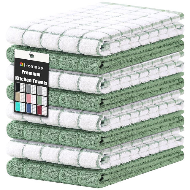 Homaxy Premium Cotton Kitchen Towels 16"x 28", Large Natural Ring Spun 390 GSM Dish Towels, Super Absorbent Terry Kitchen Hand Towels, Soft Tea Towels with Hanging Loop, Grass Green Check, 8 Pack