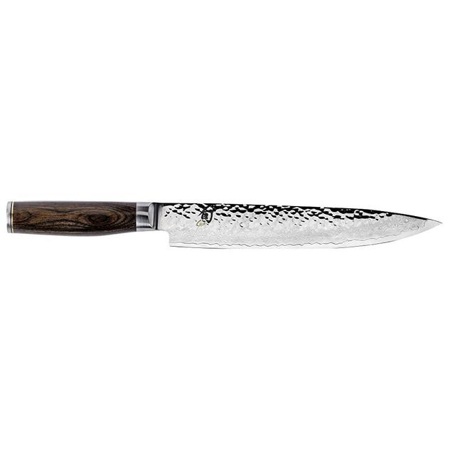 Shun Cutlery Premier 9.5-inch Slicing Knife; Create Thin, Beautiful Slices Every Time, No Tearing or Sawing, Releases Food Easily When Cutting, Hand-Sharpened, Damascus Cladding, Handcrafted in Japan