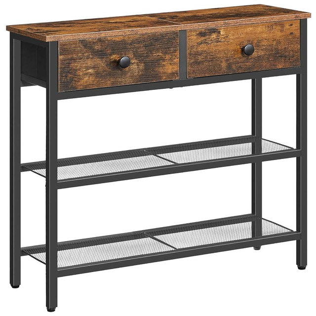 HOOBRO 29.5" Narrow Console Table with 2 Fabric Drawers, Small Entryway Table with 3-Tier Storage Shelves, Thin Sofa Table, Side Table, for Living Room, Hallway, Rustic Brown and Black BF72XG01