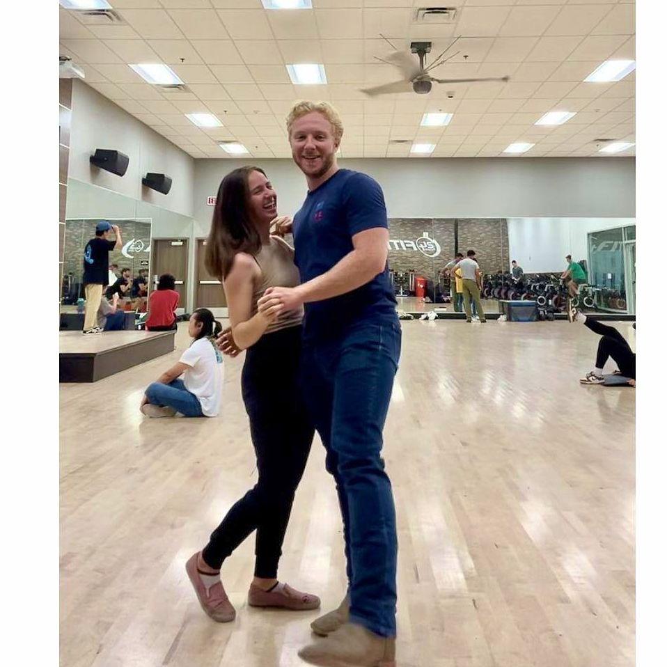 Practicing country swing together at the gym studio (when we were "just friends")