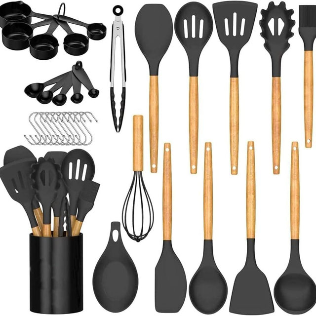 Stylish and Modern 33-Piece Kitchen Utensils Set - Prime Kitchen Essentials, Wood and Silicone Spatula, Wisk, Brush, Measuring Cups, Metal Hangers - Ideal for new Apartment or home Welcoming Gift