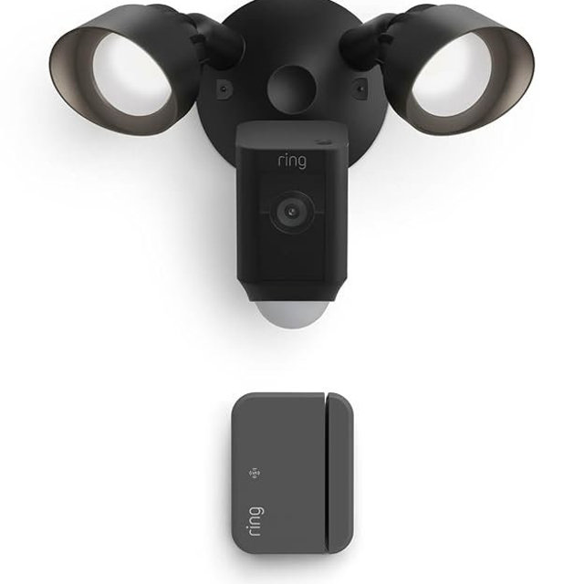 Ring Floodlight Cam Plus, Wired, Black with Outside Door Sensor, Black (newest model)