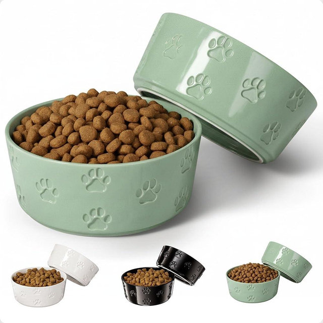 Ceramic Dog Bowl Set of 2 with Anti-Skid Base - 6.5" Wide x 2.5" Tall Ceramic Dog Bowls Medium Sized Dogs - 3.8 Cup Capacity Food and Water Bowls for Dogs - Rubber Bottom Pet Bowl Set of 2 Medium Size