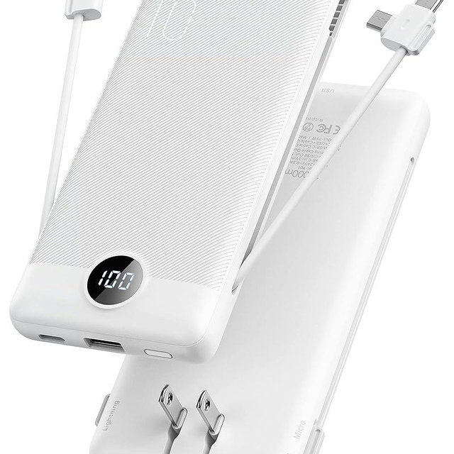 VRURC Portable Charger Built-in Cables and AC Wall Plug, USB C Power Bank 10000mAh, [2023 Upgraded Version] Phone Charger Compact Lightweight External Battery Pack for Smart Phones, Tablets etc-White