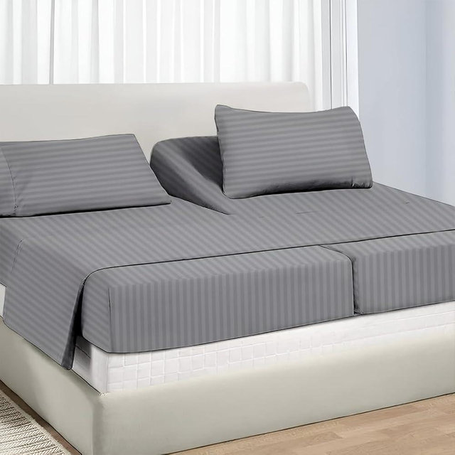 Split King Sheet Sets for Adjustable Beds Deep Pocket, Twin XL Fitted Sheet Sets for Adjustable Bed Split King 100% Extra Long Staple Cotton Deep Pocket Sheets 10-18 Inches Light Grey Stripe