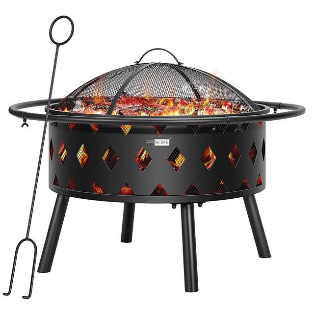 VIVOHOME Outdoor Fire Pit - 36 Inch Large Bonfire Wood Burning Outside Firepit for Patio and Backyard with Spark Screen, Round Grill Grid, Poker and Fireplace Cover, Black