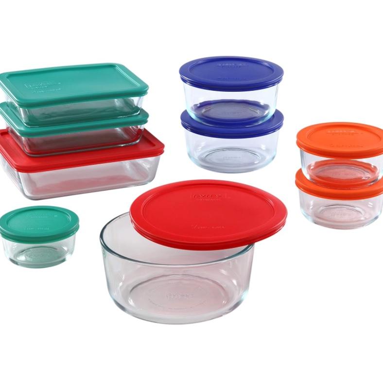 Pyrex Meal Prep Simply Store Glass Rectangular and Round Food Container Set (18-Piece, BPA-free), Multicolor