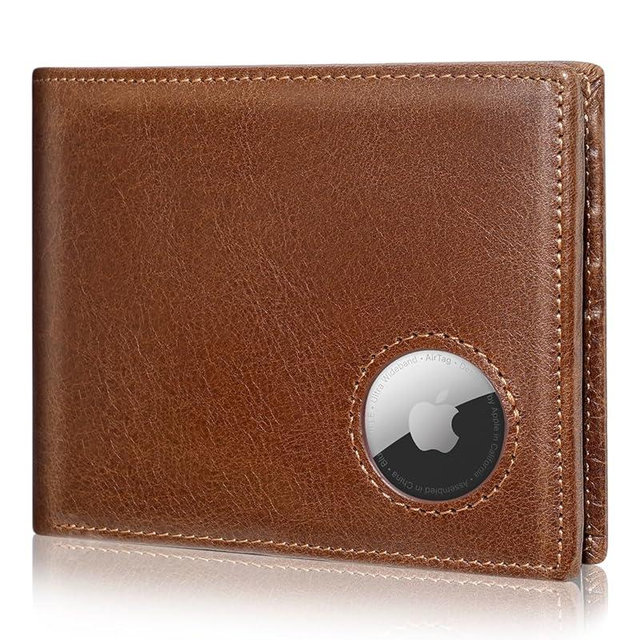 Mens Wallet with AirTag holder,Genuine Leather Bifold Wallets for Men RFID Blocking With 2 ID Window and 12 Cards Holders Gift Box (Coffee Brown)