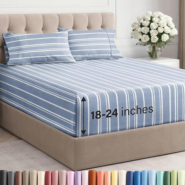 Extra Deep Queen Sheet Set - 4 Piece Breathable & Cooling Bed Sheets - Easily Fits 18 - 24 inch Mattress - Ultra Soft, Wrinkle & Fade Free w/ Extra Deep Pockets - Hotel Luxury Bedding - Blue Stripes 3
