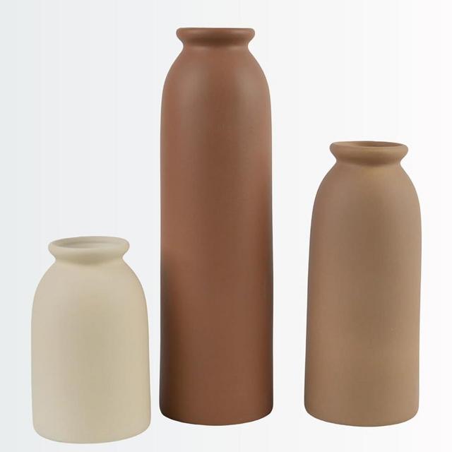 10.4 inches Tall Decorative Ceramic Vase Set, 3 Pieces, Nordic Modern Boho Style, White, Modern Farmhouse for Home Decor (Coffee Mix)