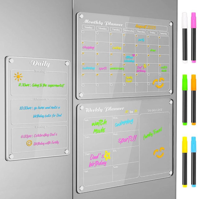 DIYMAG Planning Pads 3Pcs Acrylic Magnetic Dry Erase Calendar for Fridge, 2025 Clear Acrylic Calendar Planning Board Set Magnetic Weekly Monthly Planner Menu for Refrigerator with 6 Highlight Markers