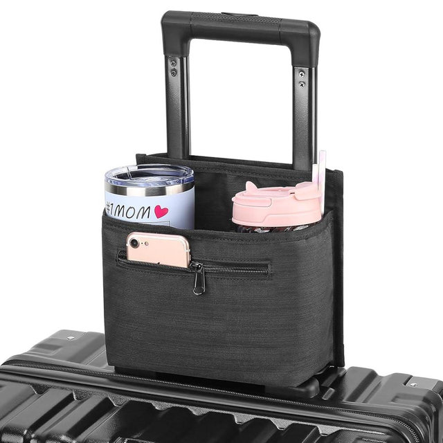 ZHCHG Luggage Travel Cup Holder Attachment for Suitcase Drink Carrier Caddy, Coffee Mug and Tumblers, Traveler Carry on Hands Free Accessory- Gifts for Flight Attendants Travelers Accessories- Black