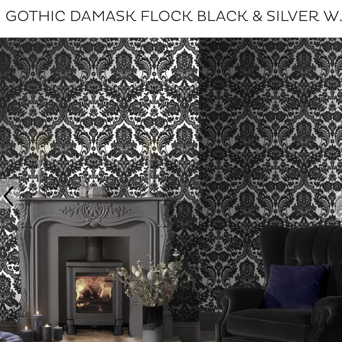 Gothic Damask Flock Black & Silver Wallpaper
