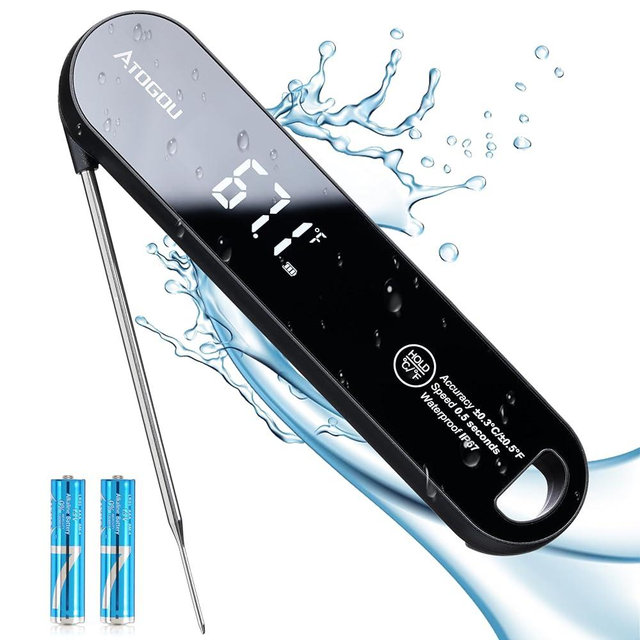 Atogou The Latest Food Thermometer. Faster: <1 Second Response time. More Accurate: ±0.5°F (0.3°C), IPX7 Waterproof, for Meat/Candy/Grill/BBQ etc. TH-22 Black