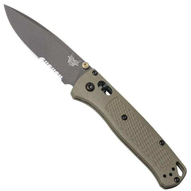 Benchmade - Bugout 535 EDC Manual Open Folding Knife, Drop-Point Blade, Serrated Edge, Satin Finish, Green Grivory Handle, Made in USA