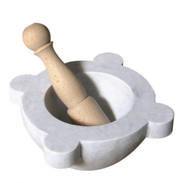 Mortaio da Cucina in Marmo Bianco con Pestello Legno White Marble Mortar with Wood Pestle Home Vintage Design Made in Italy 20cm