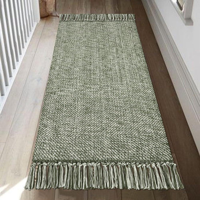Collive Kitchen Runner Rug, 2' x 4.3' Hand-Woven Reversible Washable Rug, Olive Green/Cream Cotton Modern Farmhouse Bathroom Rug Hallway Carpet for Foyer Bedroom Entry Back Door Decor