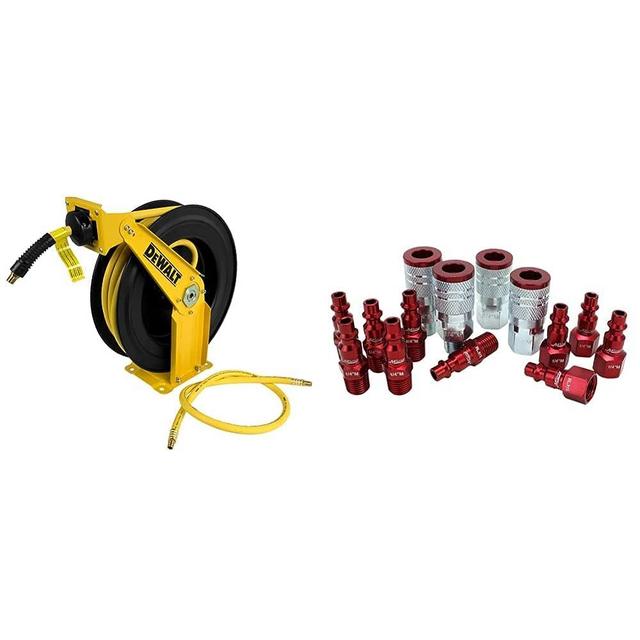 DeWalt DXCM024-0343 Double Arm Hose Reel with 3/8” x 50’ Premium Rubber Hose & ColorFit by Milton Coupler & Plug Kit - (M-Style, Red) - 1/4" NPT, (14-Piece) - S-314MKIT