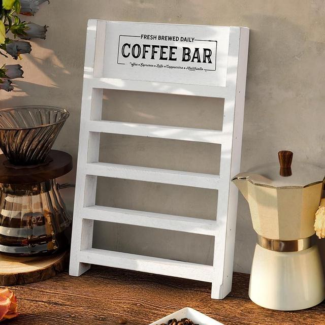 PERFNIQUE K Cup Holder, Farmhouse Coffee Pod Holder, Wooden Coffee Pod Ladder for Counter, Rustic Kcup Storage Organizer for Home Kitchen Coffee Bar Table Decor (White, Vintage Coffee Bar)