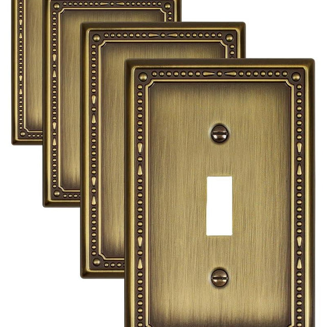 ZILLSEA 4-Pack Antique Brass Light Switch Cover Plates, 1 Gang Metal Switch Plate Covers, Decorative Pearl Design, 3.15''*4.88'', Midsize