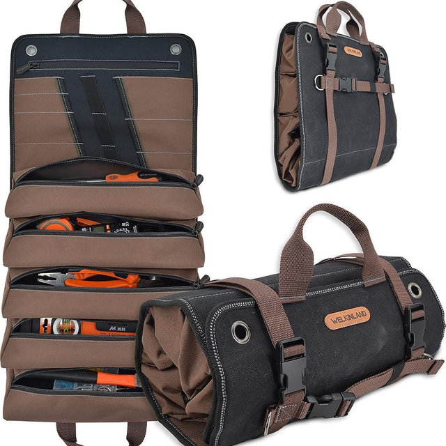 WELKINLAND Heavy-Duty Waxed Canvas Tool Organizer, 15-Pocket, 15L Capacity, Roll-Up