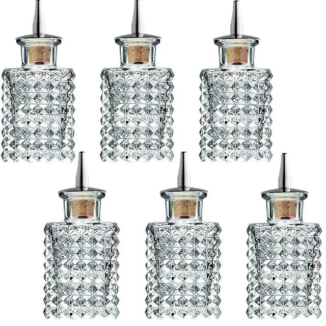 Cocktail Bitters Bottle - Vintage Square Glass Design with Cork and Stainless Steel Dasher Top - 3-ounces Professional Bar Set Accessory Tool for Making Craft Cocktails Set of (6)