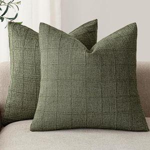 Foindtower Set of 2 Decorative Linen Check Throw Pillow Covers Neutral Farmhouse Vintage Cushion Covers Modern Boho Home Decor for Sofa Chair Couch Bedroom Living Room,18×18 Inch,Olive Green