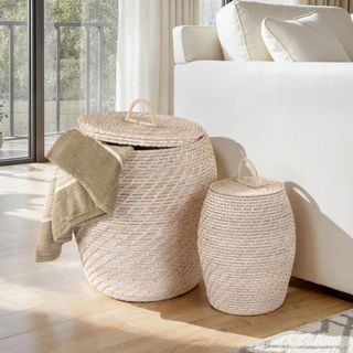 Rattan Wicker 2-Piece Storage Basket with Lid Set
