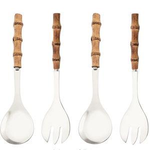 Serving Spoon and Fork Set, 304 Stainless Steel Serving Utensils with Natural Bamboo Handle, 10" Long Handle Serving Set for Kitchen Party Buffet, 4 Pieces / 2 of Each