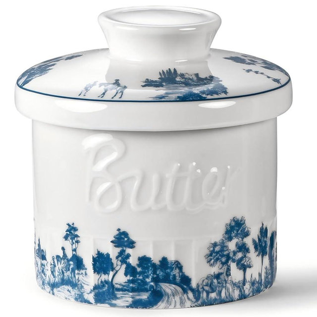 COPORISO Butter Crock with Lid, French Butter Dish with Water Line for Countertop, Ceramic Butter Keeper for Spreadable Butter, Container Holder for Kitchen and Home Decor, 6.7 OZ, Forest Blue