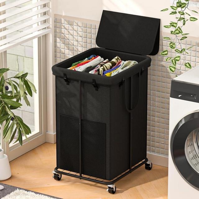 YKDIRECT 150L Large Laundry Hampers with Lid, Oxford Fabric Laundry Hampers, Metal Frame and Removable Bag Design with Wheels, Suitable for Bedroom, Bathroom, Dorm Room, Laundry Room (Black Lid)