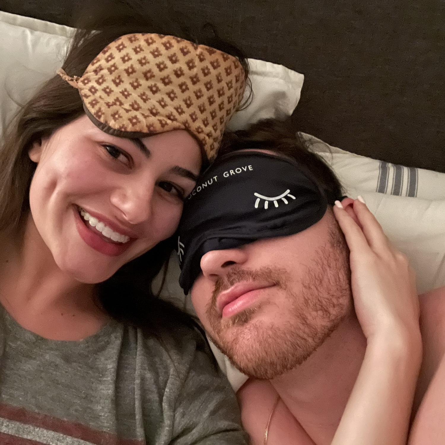 Mandy’s nightly sleep mask… and J pretending he doesn’t secretly love it.