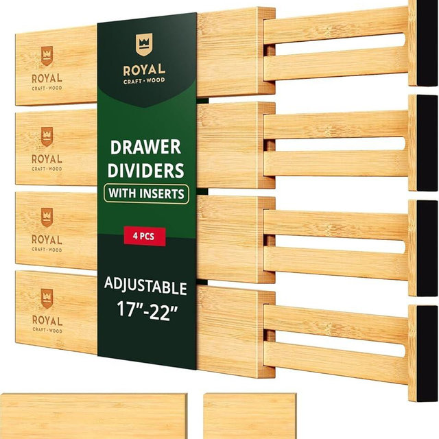 ROYAL CRAFT WOOD Adjustable Bamboo Drawer Dividers Organizers (17" - 21.5") with Inserts - Expandable Drawer Organization Separators for Kitchen Large Utensils, Clothes, Bedroom, 4-Pack