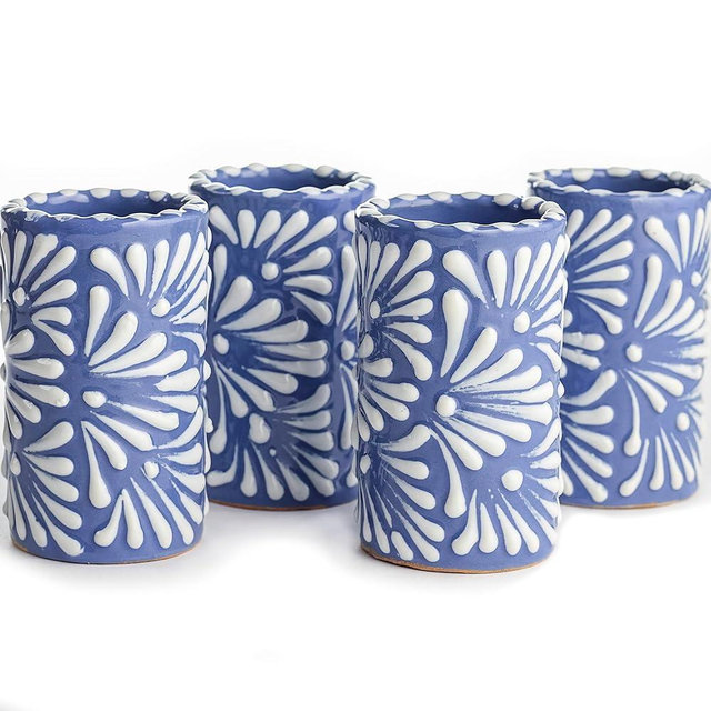 MEXTEQUIL - Talavera Shot Glasses Set of 4 Authentic Mexican Tequila Shot Glasses - Hand-painted - 2 Oz (White Brushstroke Blue Background)