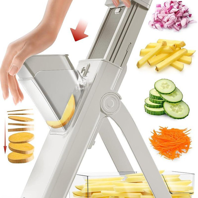 Fullstar Safer Mandoline Slicer for Kitchen, Potato Slicer, Julienne Slicer Dicing Vegetable Slicer, Vertical Mandoline Food Slicer Kitchen Mandoline Slicer, Fruit Slicer (4-in-1, Solid White)
