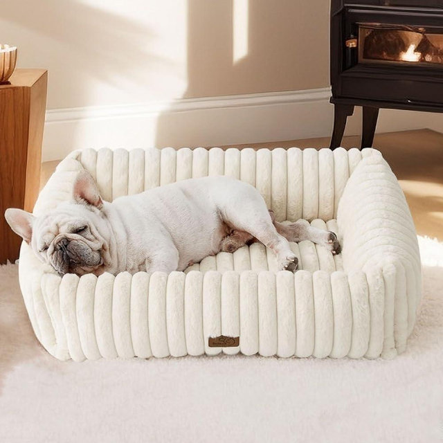Bedsure Washable Dog Bed for Medium Dogs - Cute Furry Puppy Beds, Rectangle Orthopedic Corduroy Fleece Pet Beds with Removable Zipper Cover, 30x24x8inches, Cream