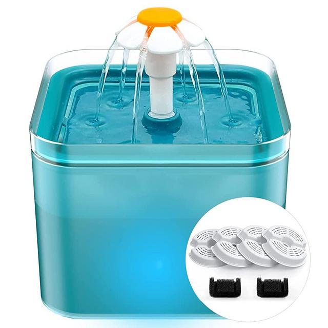 AONBOY Cat Water Fountain, Ultra Silent Cat Fountain 2L/67oz, with LED Light, 4 Pieces of Carbon Filter + 2 Pieces of Sponge, Pet Water Fountain for Cats and Small Dogs(Cyan)