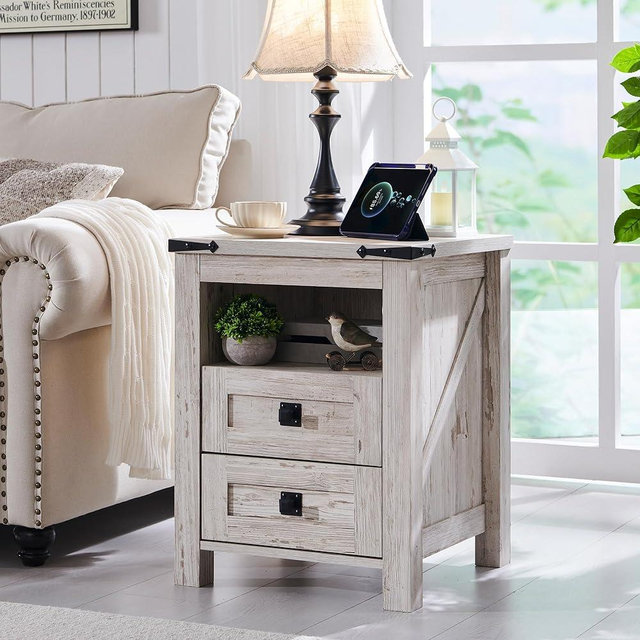 T4TREAM Nightstand wtih Charging Station, End Table, Side Table with 2 Drawers Storage Cabinet for Bedroom, Living Room, Farmhouse Design, Wood Rustic, Antique Brush White