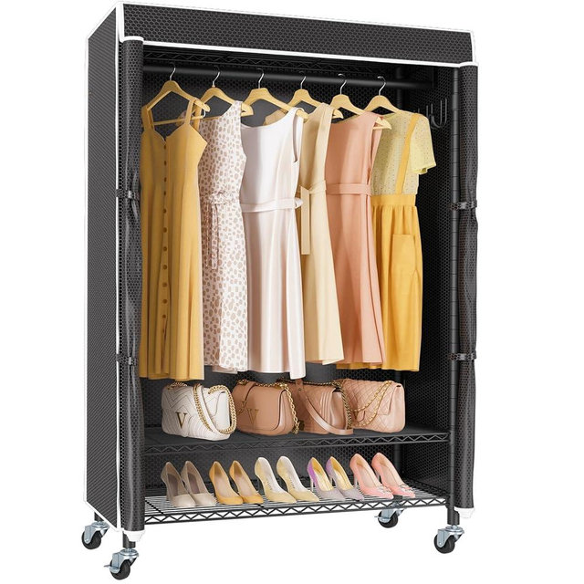 VIPEK R3C Rolling Clothes Rack with Cover Portable Closet for Hanging Clothes, Heavy Duty Garment Rack Freestanding Racks with Wheels&Side Hooks, Black Rack with Black Upgraded Polyester Cover