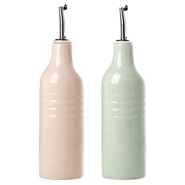 famiware Jupiter 16oz Ceramic Olive Oil Dispenser Bottle, Olive Oil and Vinegar Dispenser Bottle Set of 2 with Stainless Steel Pourers, Suitable for Storage Vinegar, Liquids, Light Pink & Light Green