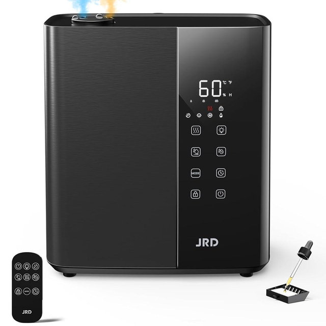 JRD Warm & Cool Mist Humidifiers for Bedroom 5L, Quiet Ultrasonic Air Humidifier Fast Symptom Relief, 50H Runtime, 12H Timer, Oil Diffuser, 7 Color Light for Large Room, Office, Baby, Plants-Black