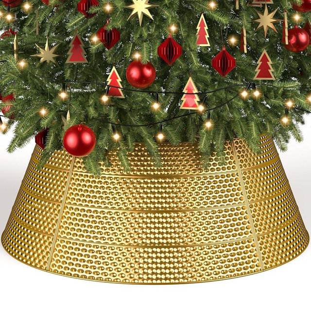 28 Inch Christmas Tree Collar, Irrantan Metal Christmas Tree Collar Decoration for Real or Artificial Trees, Perfect for Christmas Tree Decoration - Golden