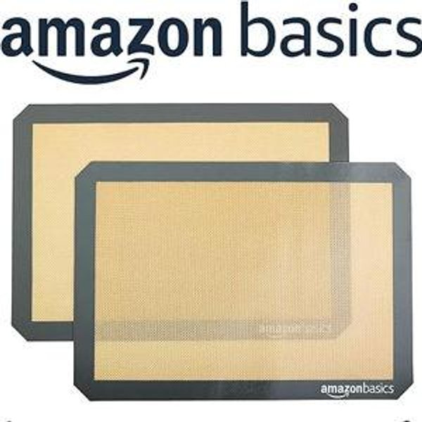 Amazon Basics Rectangular Silicone, Non-Stick Reusable, Food Safe Baking Mat, Pack of 2, 16.5"L x 11.6"W, New Beige/Gray
