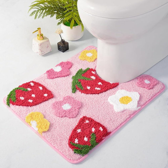 Anybar Pink Toilet Rugs U Shaped, Cute Strawberry Flower Bathroom Contour Toilet Mats,Extra Soft Absorbent Toilet Carpet Bathroom Rugs, Non Slip Bath Mat Washable Bath Rugs for Toilet Base(20x20 inch)