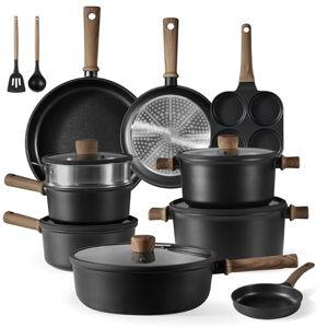 CAROTE Nonstick Kitchen Cookware Sets, Non stick Pots and Pans set, Induction Cookware Set 17pcs Black